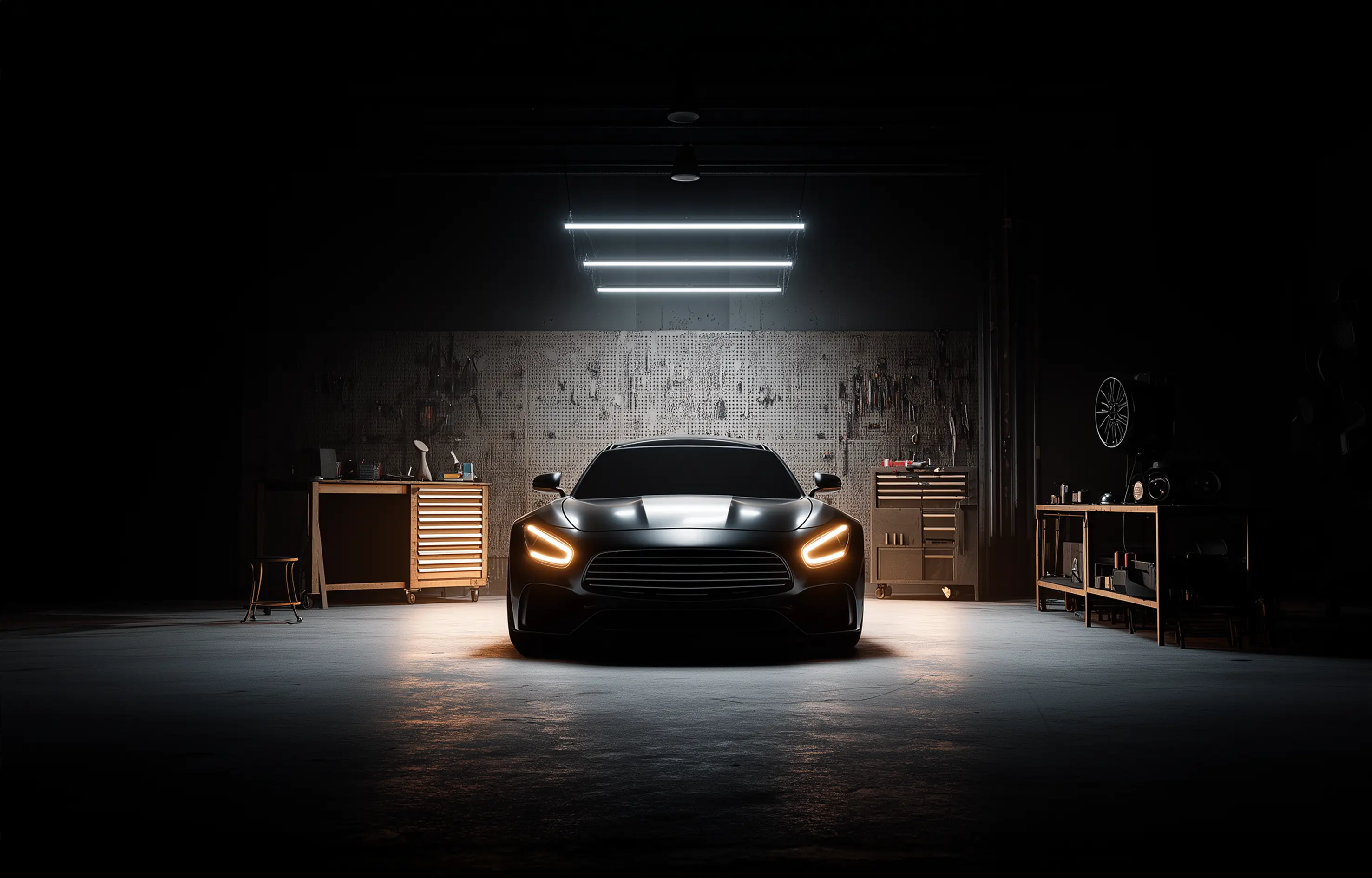 Futuristic automotive facility with purple lighting and car